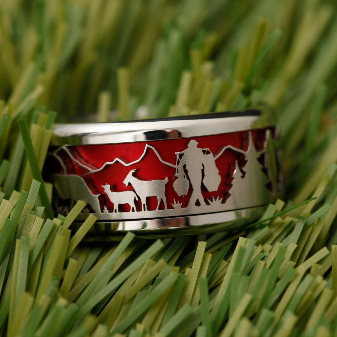 bague interchangeable mood en acier inoxydable avec gravures alpage paysage suisse poya rouge