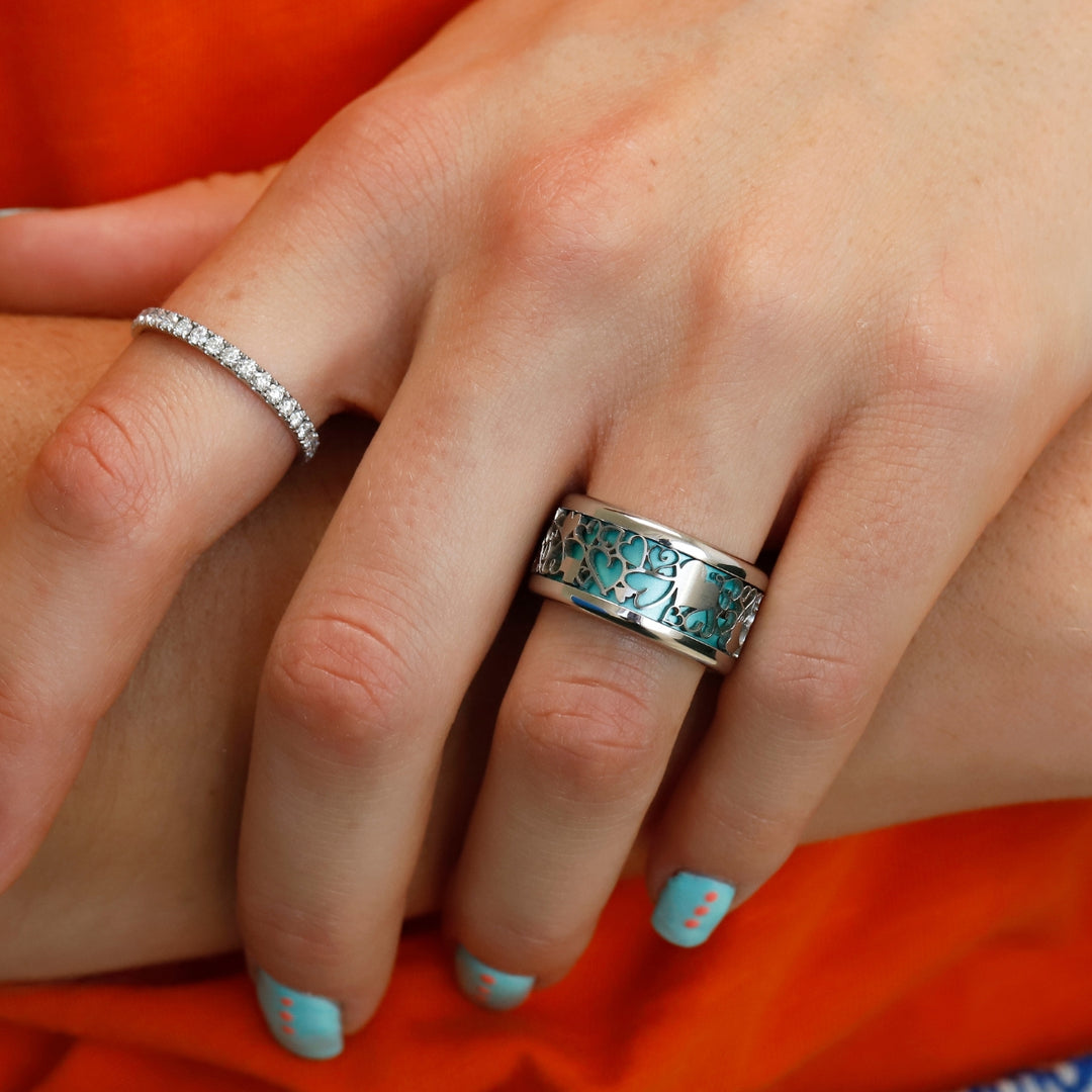 bague interchangeable mood turquoise avec des motifs de coeurs et anneau en diamants
