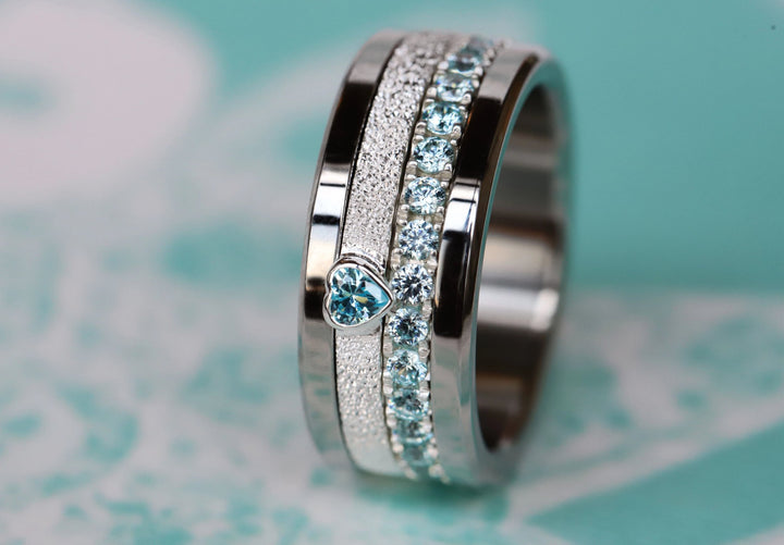 Open Heart - blue 💙Medium 3D center en argent glitter 925 avec zircon bleu pour bague mood interchangeable