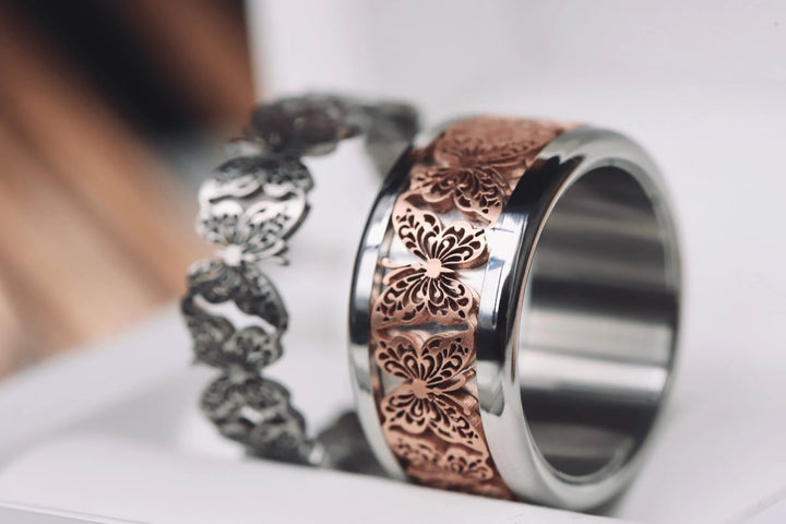 Innenring (Addon) „Edelstahlflügel“ aus geschnittenem Edelstahl – Ring mit Schmetterling