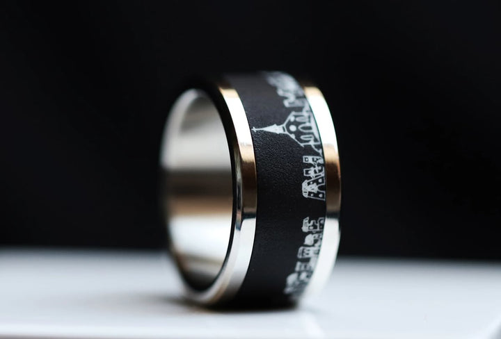Inner ring in black polymer "Remettre l'église au milieu du village" for mood ring