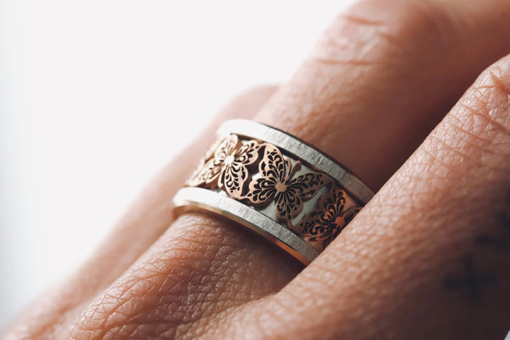 Innenring (Addon) „Edelstahlflügel“ aus geschnittenem Edelstahl – Ring mit Schmetterling