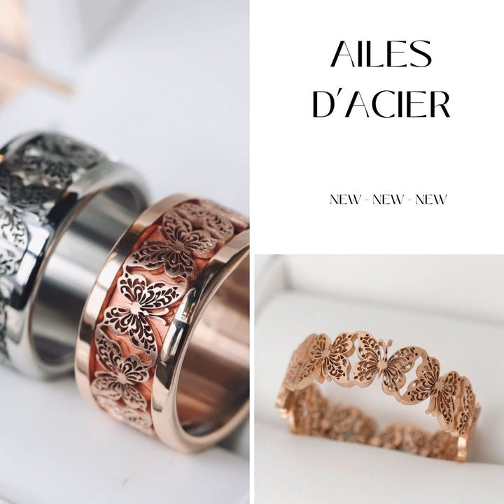 Innenring (Addon) „Edelstahlflügel“ aus geschnittenem Edelstahl – Ring mit Schmetterling