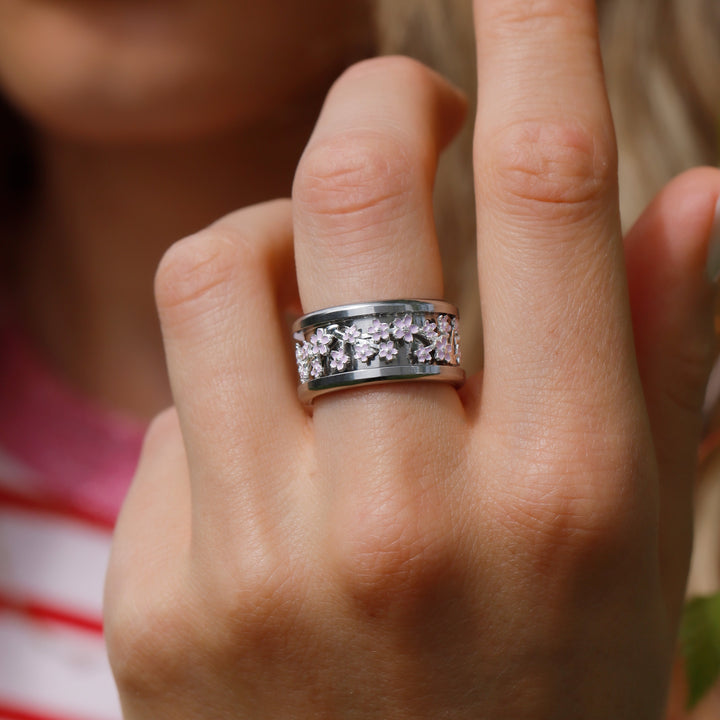 🌸 Nagoya mood Ring mit blumigem Innenring aus 925er Silber – Sakura Blumenring