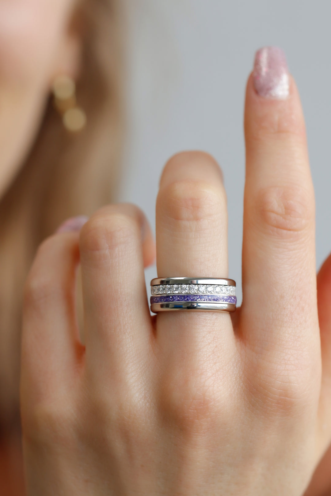 🟣 Set Tag der Frauenrechte: 2 Innenringe "Aura & Purple Glow" aus 925er Silber