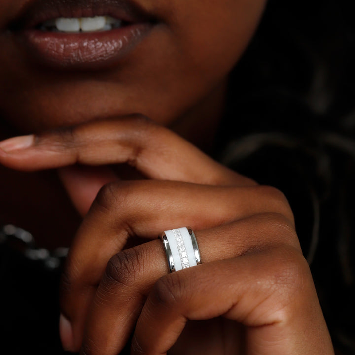 bague mood aura en acier et argent avec diamant zircon et anneaux blancs pour femme