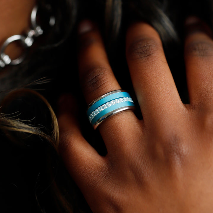 bague mood aura en acier et argent avec diamant zircon turquoise et anneaux en aluminium