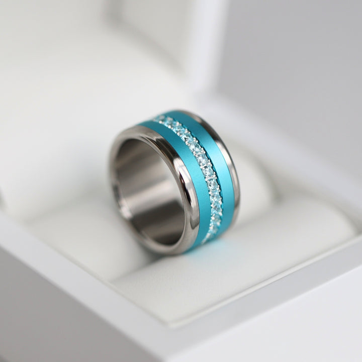 bague mood interchangeable ouverte aura couleur bleu turquoise avec cristaux de verre
