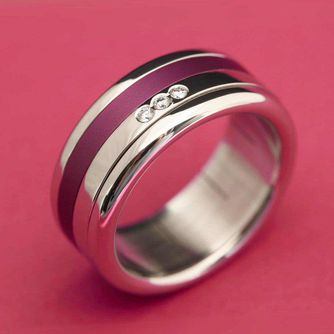 bague mood avec diamant et anneau interchangeable en acier et aluminium aubergine