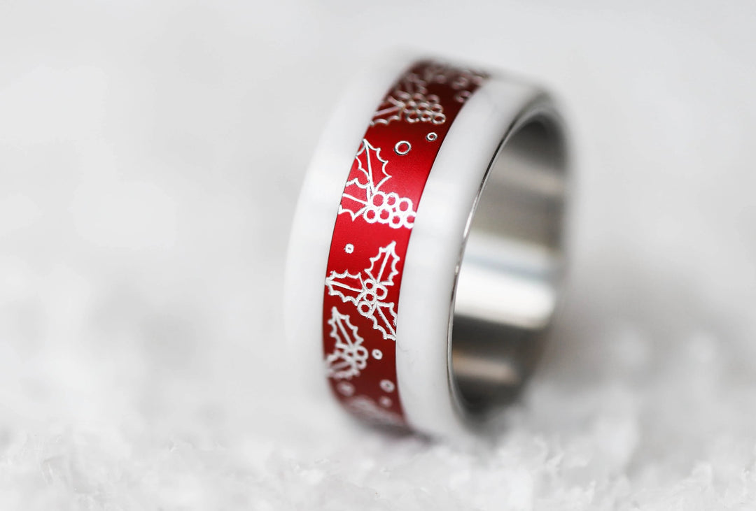 Anneau (addon ou addon deux tiers ) pour bague mood en aluminium rouge, Houx, collection Noël 2024