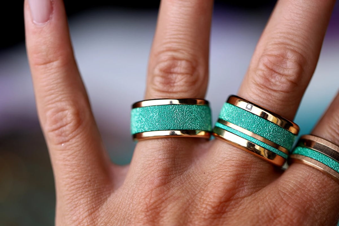 🏝️ Set of 2 inner rings (mini addons) in 925 silver "Siwa" intense glitter green finish for interchangeable mood ring