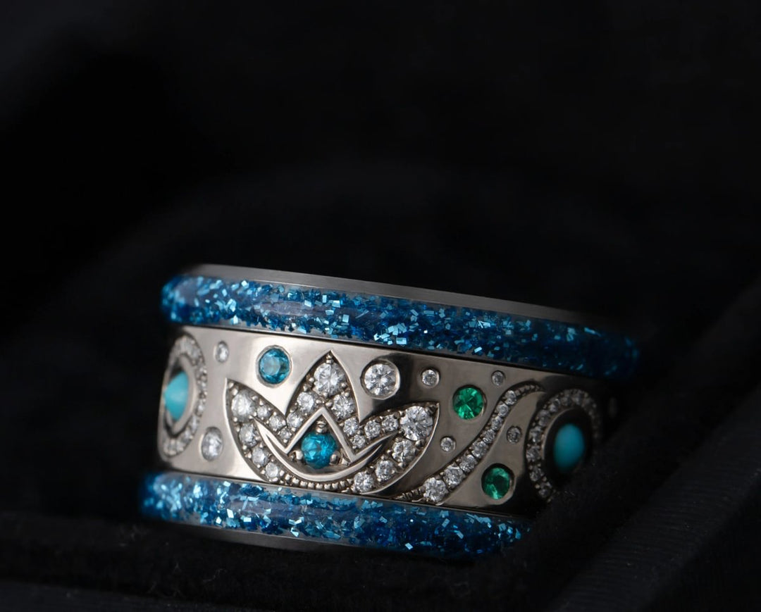 Large "Blauer Mond" Fassung mit blauen pailletten Rändern aus Emaille (13mm)  🌙