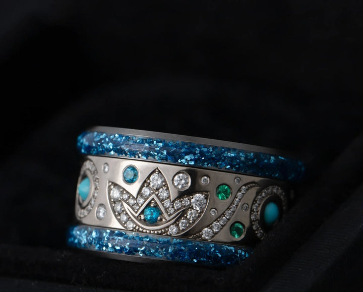 Large "Blauer Mond" Fassung mit blauen pailletten Rändern aus Emaille (13mm)  🌙