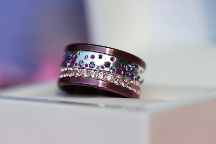 Inner ring (2/3 addon) "Willow Purple" in glitter silver set with zircons and enamel for interchangeable mood ring