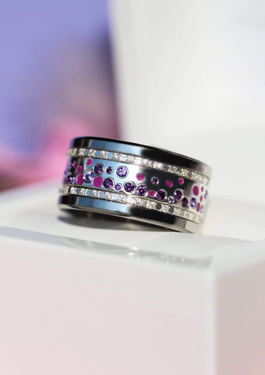 Inner ring (2/3 addon) "Willow Purple" in glitter silver set with zircons and enamel for interchangeable mood ring