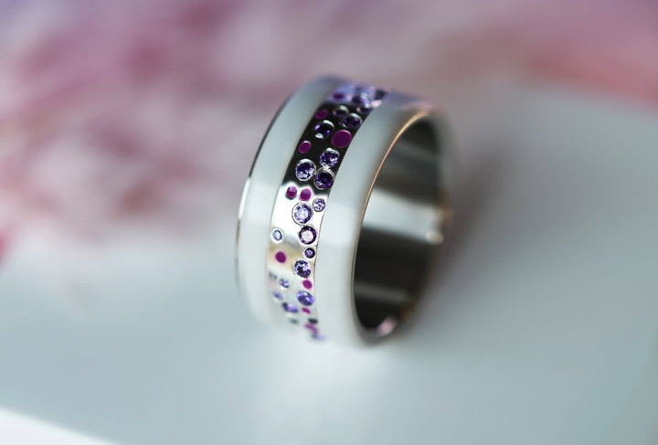Inner ring (2/3 addon) "Willow Purple" in glitter silver set with zircons and enamel for interchangeable mood ring