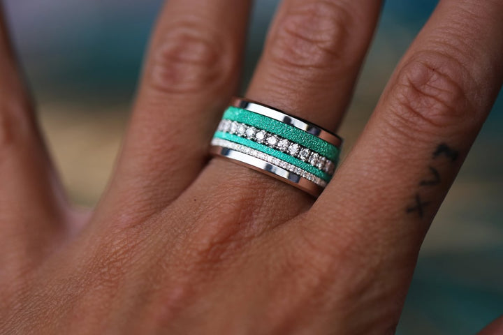 🏝️ Set of 2 inner rings (mini addons) in 925 silver "Siwa" intense glitter green finish for interchangeable mood ring