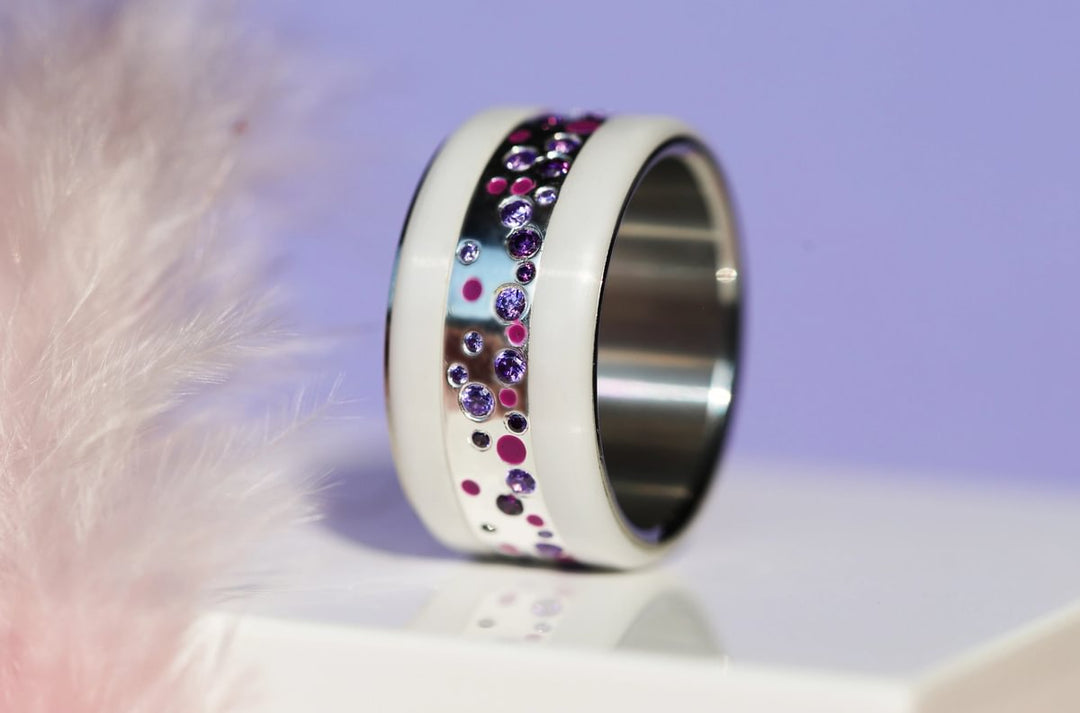 Inner ring (2/3 addon) "Willow Purple" in glitter silver set with zircons and enamel for interchangeable mood ring