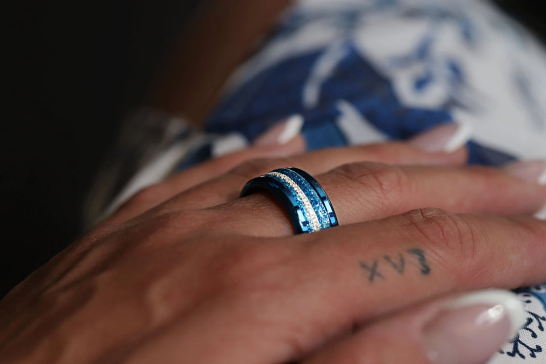 Blue moon 🌘 set of 2 inner rings (mini addons) in 925 silver with blue enamel coating - glitter