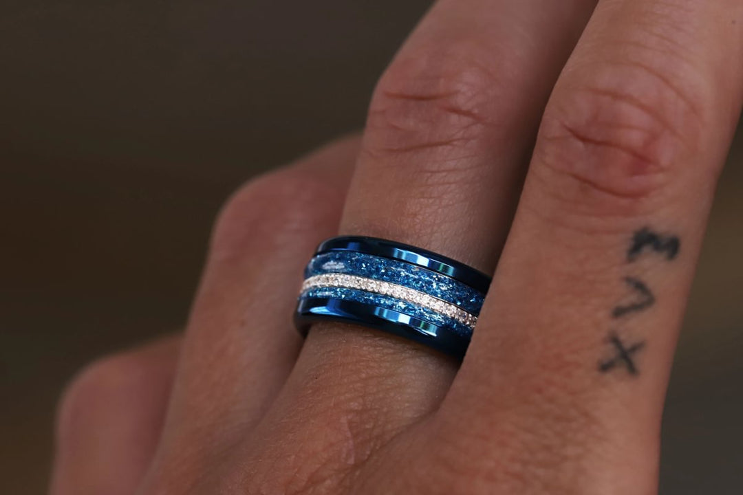 Blue moon 🌘 set of 2 inner rings (mini addons) in 925 silver with blue enamel coating - glitter