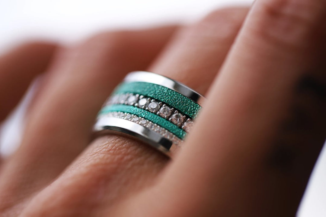 🏝️ Set of 2 inner rings (mini addons) in 925 silver "Siwa" intense glitter green finish for interchangeable mood ring