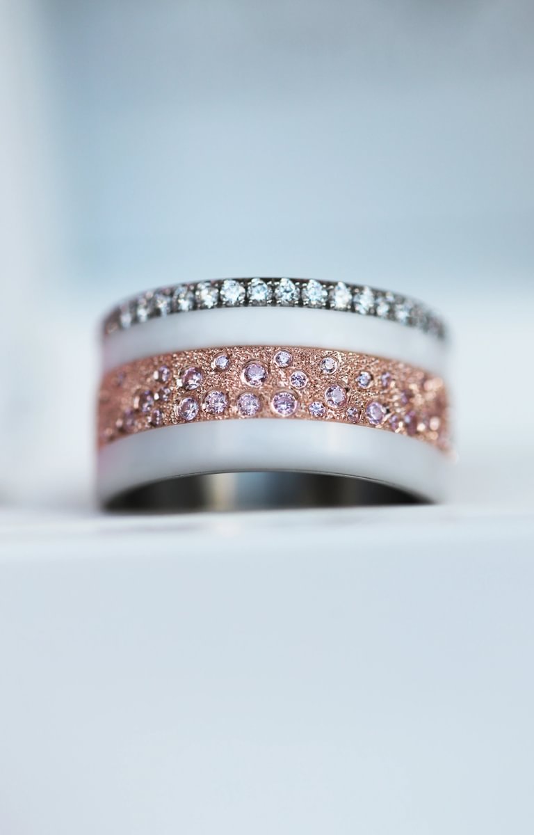 Anneau (deux tiers) "Willow Pink" en argent glitter serti de zircons roses pour bague mood interchangeable