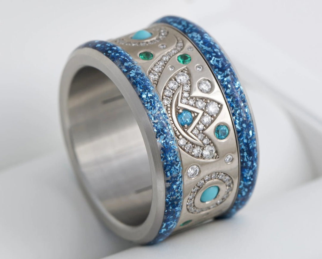 Large "Blauer Mond" Fassung mit blauen pailletten Rändern aus Emaille (13mm)  🌙