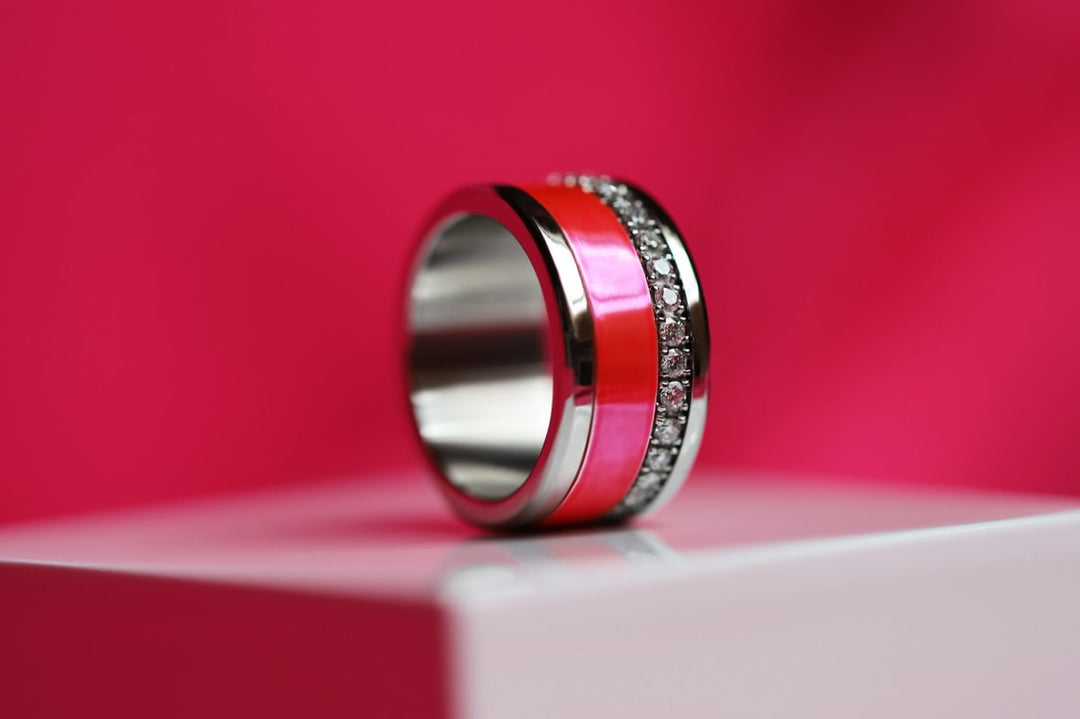 💕 Inner ring (2/3 addon) in 925 silver "Punche" Flashy pink finish for interchangeable mood ring