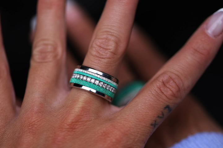 🏝️ Set of 2 inner rings (mini addons) in 925 silver "Siwa" intense glitter green finish for interchangeable mood ring