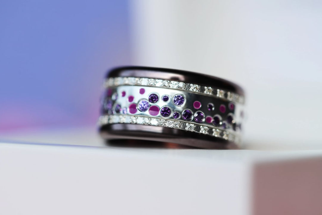 Inner ring (2/3 addon) "Willow Purple" in glitter silver set with zircons and enamel for interchangeable mood ring