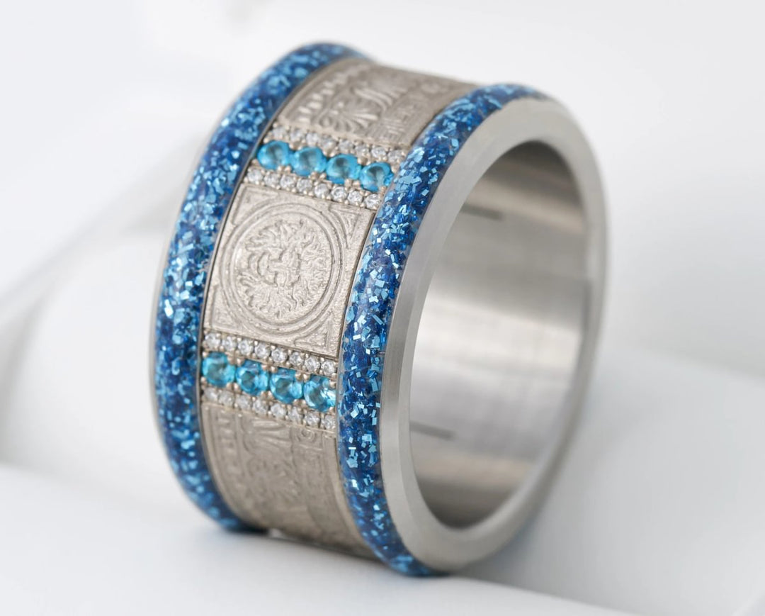 Large "Blauer Mond" Fassung mit blauen pailletten Rändern aus Emaille (13mm)  🌙