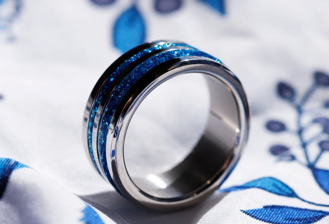 Blue moon 🌘 set of 2 inner rings (mini addons) in 925 silver with blue enamel coating - glitter