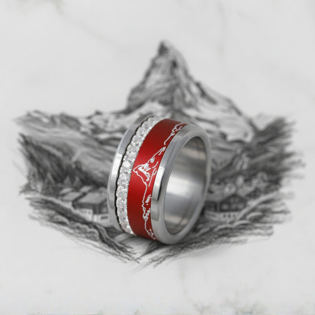 Bague mood Grand Pic rouge avec gravure du Cervin et zircons blancs – bague en acier 316L et argent 925 avec anneaux interchangeables.