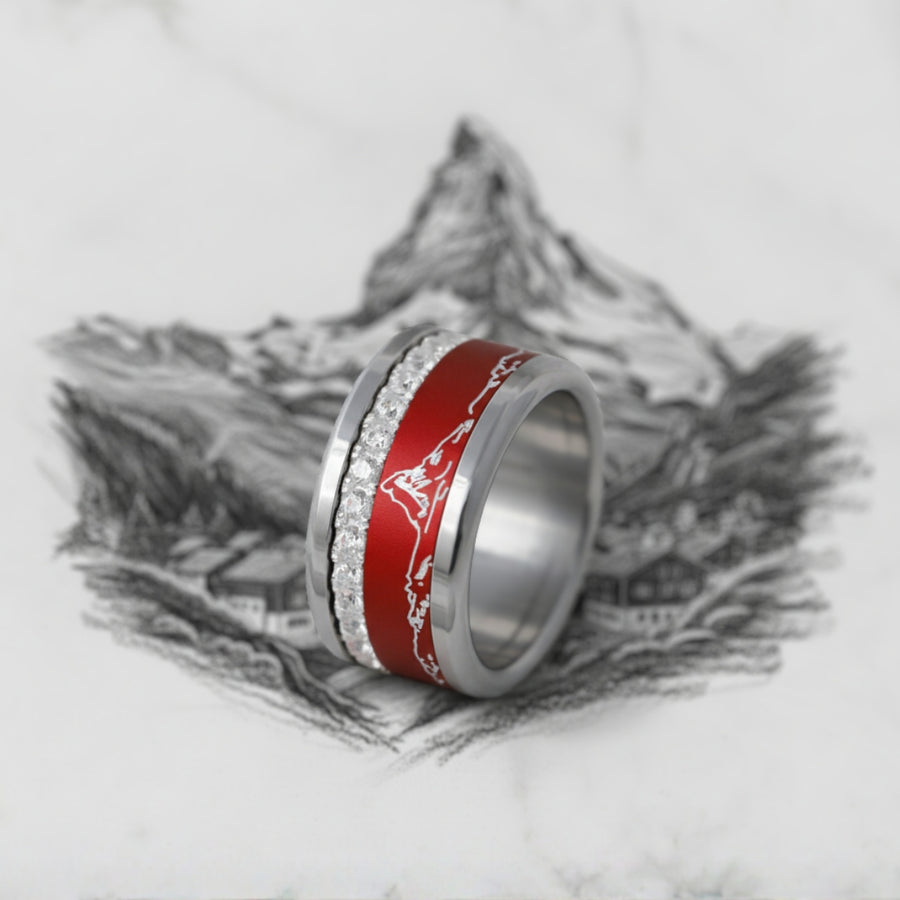 Bague mood Grand Pic rouge avec gravure du Cervin et zircons blancs – bague en acier 316L et argent 925 avec anneaux interchangeables.