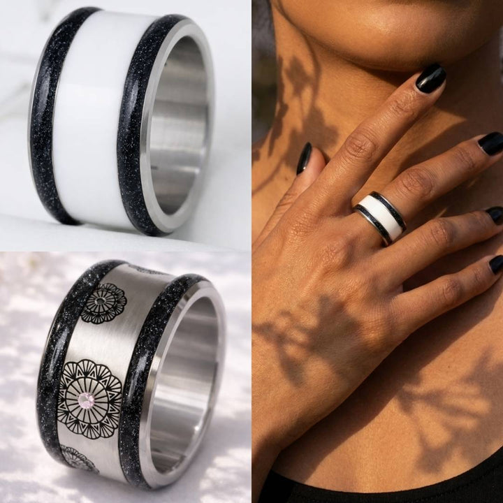 Voile Céleste 🖤  Base large (13mm) en acier avec un revêtement en émail noir - paillettes