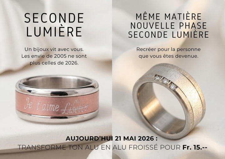 Anneau aluminium froissé mood — même matière, nouvelle lumière, seconde vie bijou suisse