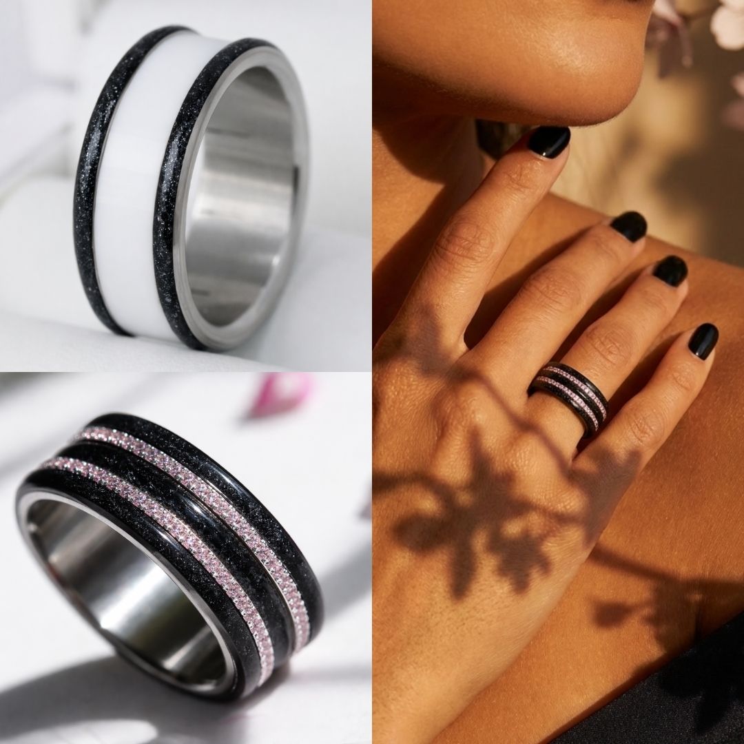 🖤 Extra Small „Nachtleuchten“ Fassung mit schwarzen Pailletten Rändern aus Emaille (9mm)