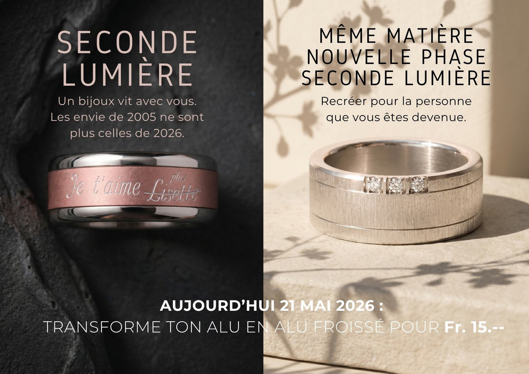 Transformation aluminium froissé à la main — atelier Mood Collection Orbe Suisse, bijou durable et intemporel