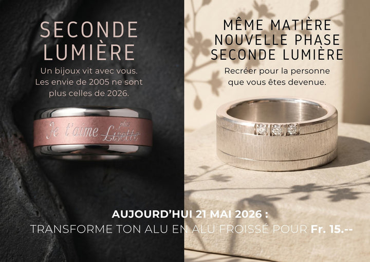 Transformation aluminium froissé à la main — atelier Mood Collection Orbe Suisse, bijou durable et intemporel