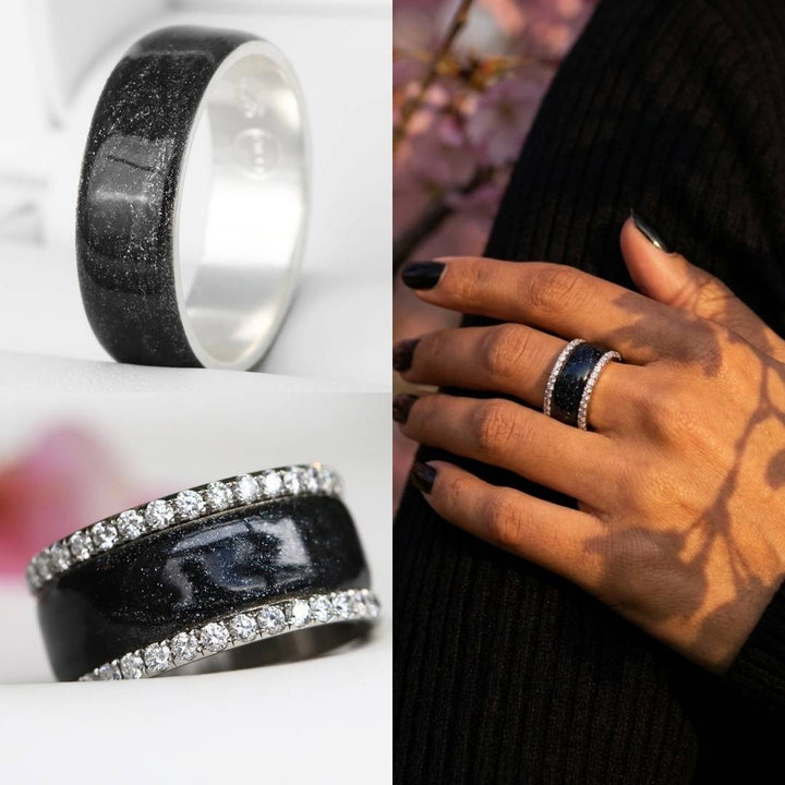 Voile Céleste 🖤  anneau (addon) en argent 925 avec un revêtement en émail noir - paillettes