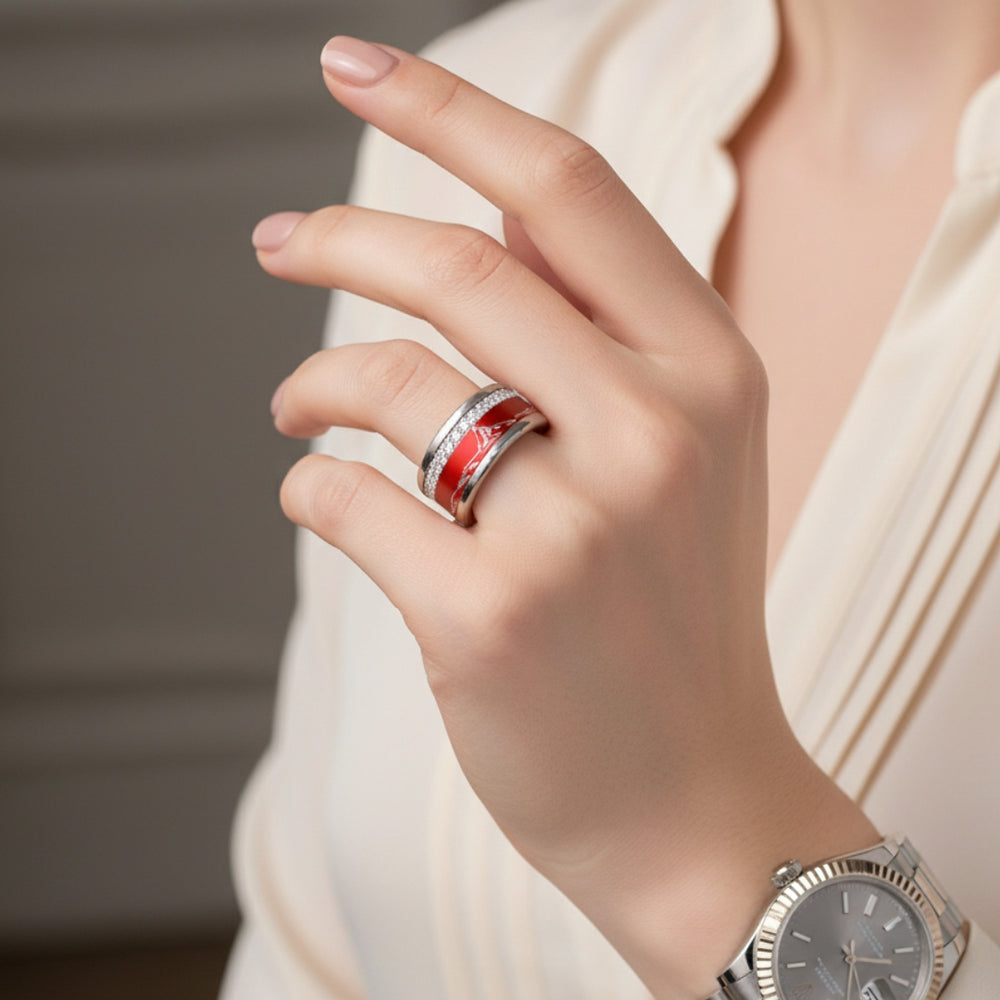 bague mood interchangeable haut de gamme en argent et aluminium avec gravure du Cervin zermatt Matterhorn rouge