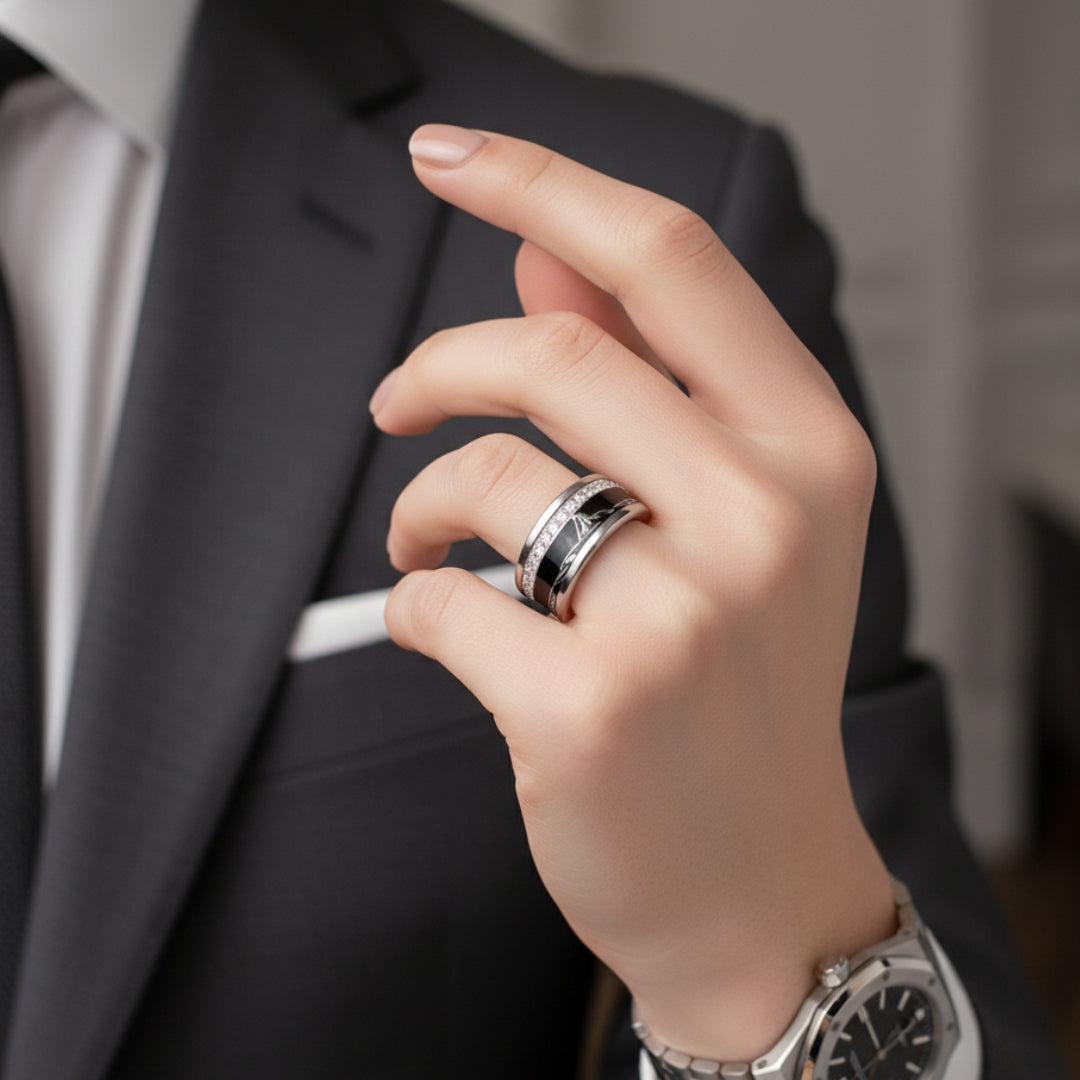 bague mood interchangeable haut de gamme en argent et aluminium avec gravure du Cervin zermatt Matterhorn noir