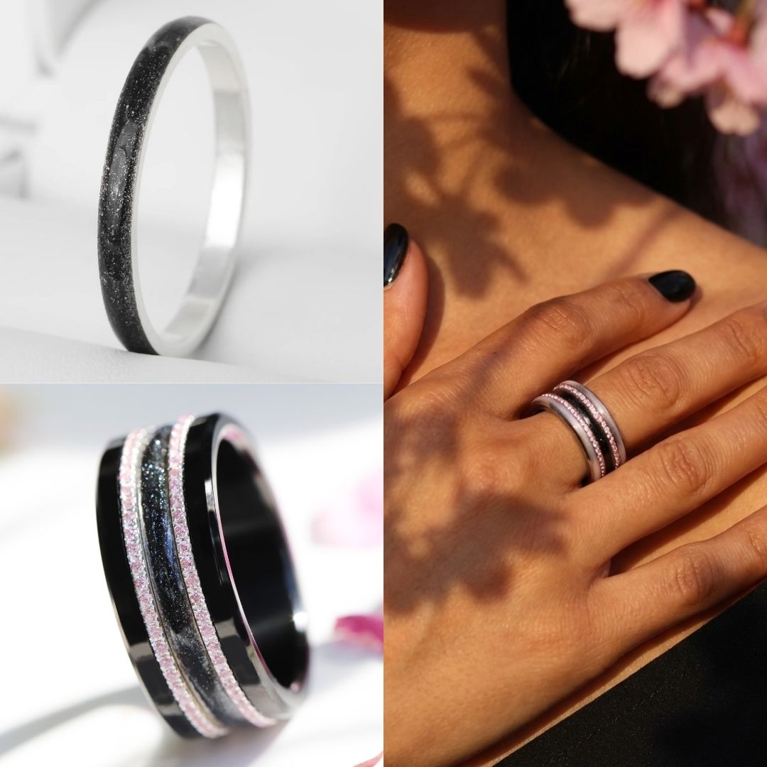 Voile Céleste 🖤  anneau (medium) en argent 925 avec un revêtement en émail noir - paillettes