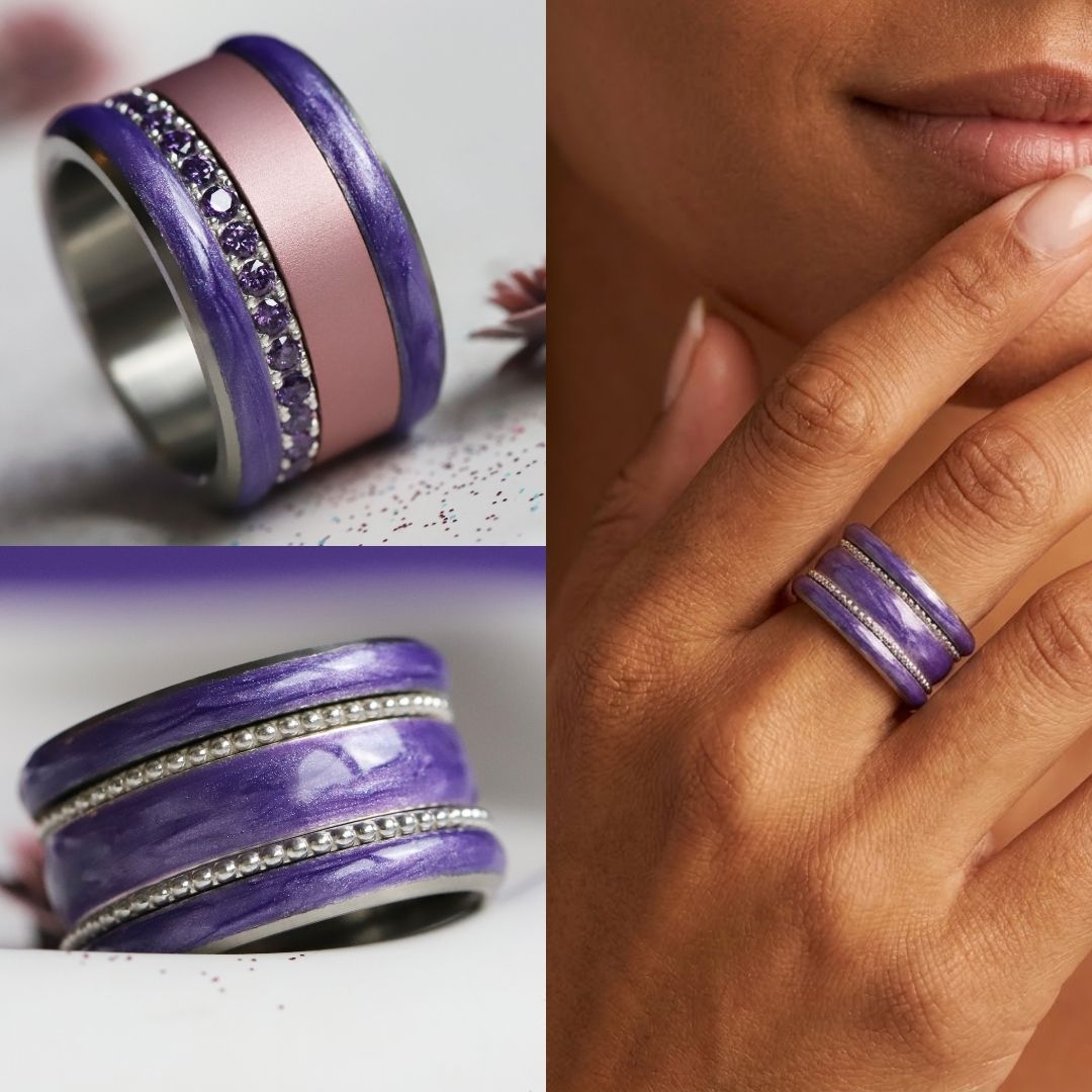 Améthyste Boréale 🔮 Base large (13mm) en acier avec un revêtement en émail violet nacré
