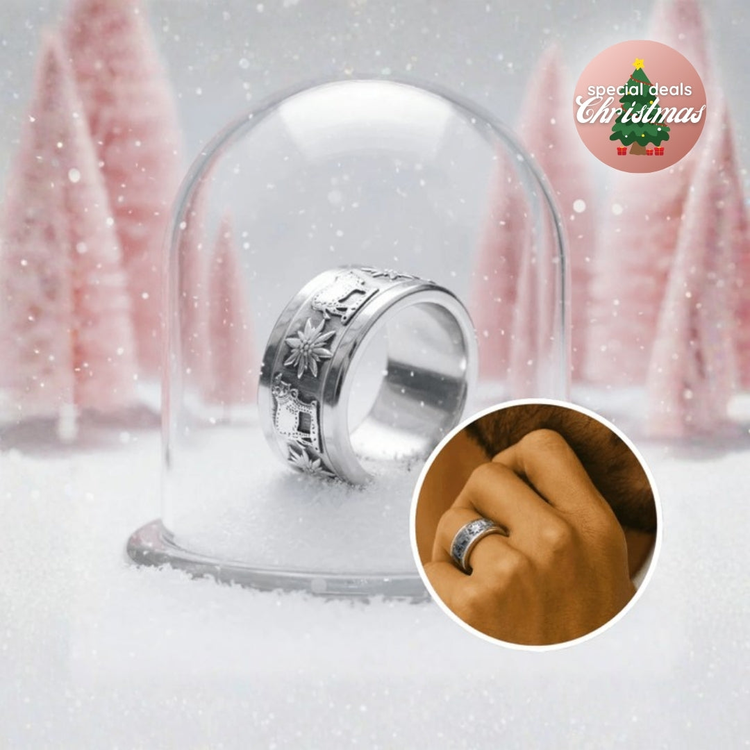 Bague mood complète en argent avec motifs suisses Edelweiss et vache à l'alpage