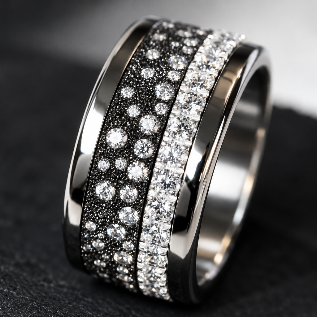 2/3 Addon „Willow Nocturne“ aus Silber Ewiger Schnee anthrazit, besetzt mit weissen Edelsteinen, für deinen auswechselbaren mood Ring