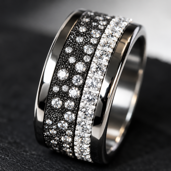 2/3 Addon „Willow Nocturne“ aus Silber Ewiger Schnee anthrazit, besetzt mit weissen Edelsteinen, für deinen auswechselbaren mood Ring