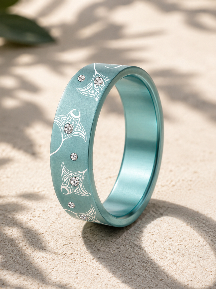🐟 Anneau "Mantélis" en aluminium bleu pastel serti pour bague mood interchangeable