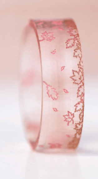 🍂 Anneau (addon ou deux tiers) « Feuilles rose et brun » en polymère translucide — collection Sous-Bois