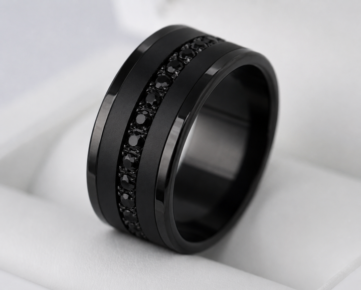 ✨ Aura Obscura Full Black 💍 Anneau (addon medium) en argent black serti de zircons noirs — édition spéciale étoiles & planètes